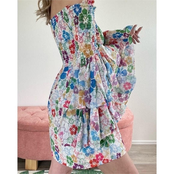 Mochi Dress Women Small Floral Red Blue Yellow Smocked Flare Sleeve Off Shoulder - Picture 4 of 16